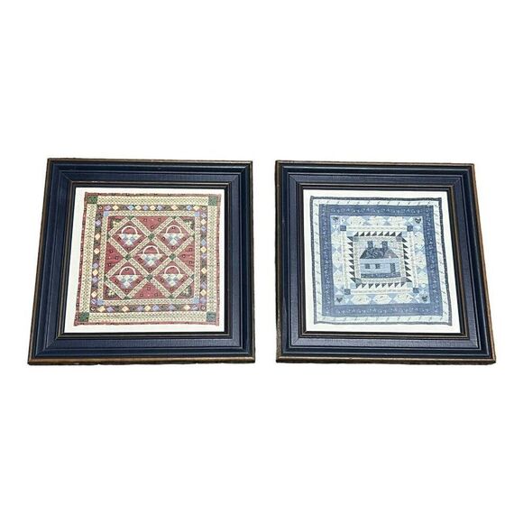 Quilt Pattern Vintage Wooden Frame Crochet Country Cottage Core Retro Lot of 2 - Picture 1 of 6